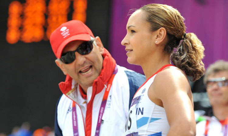 Jessica Ennis-Hill receives instructions from Toni Minichiello as she competes at London 2012.