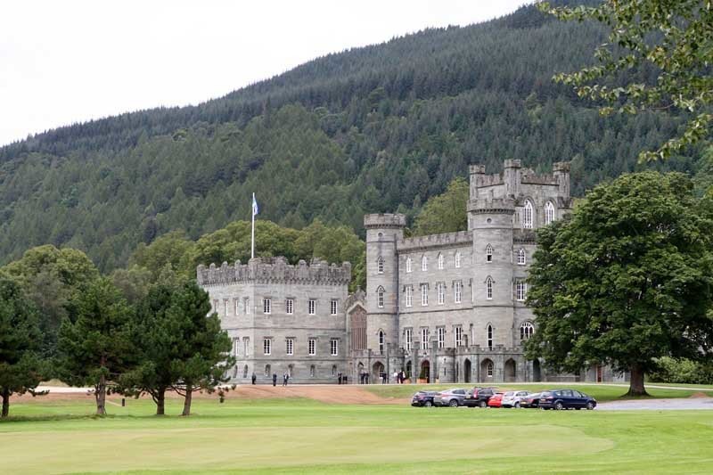 Taymouth Castle surrounded by countryside.