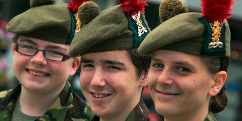 John Stevenson, Courier,27/08/11. Dundee.The City Square.Youth Parade. Pictured here recruiting for the Stobswell Black Watch are l/r Cadets Shauni -Lorraine Young, Marc Young and Sgt Amber -Marie Bates.