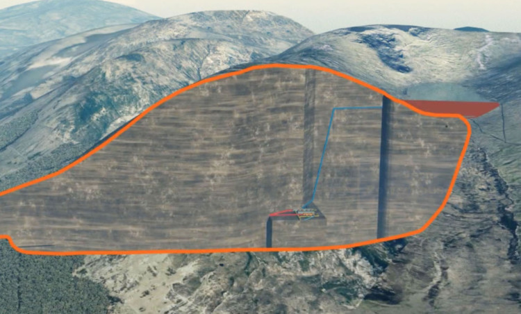 An impression of the planned Coire Glas scheme at Loch Lochy, with the proposed new reservoir in red and the underground turbine generation house.