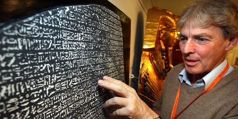 Kris Miller, Courier, 21/09/11. Picture today at Methil Heritage Centre where there is a new exhibit of Pharaoh's. Pic shows Museum Manager, Graham Ritchie with a copy of the Rosetta Stone.