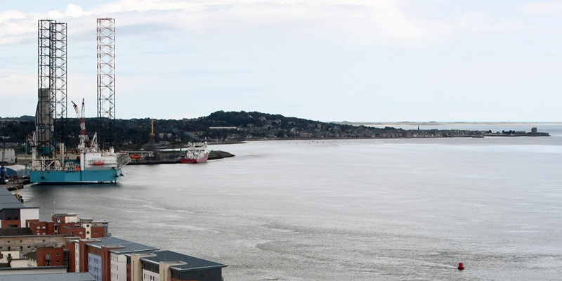 Aerial view of Dundee - looking towards Broughty Ferry with the oil rig and Dundee One in the shot.