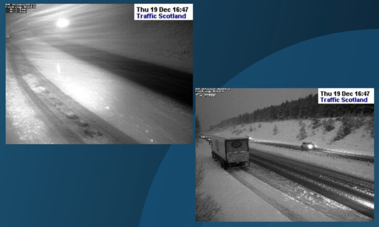 Webcam images showing snow at Drumochter and Slochd on the A9 late on Thursday afternoon.