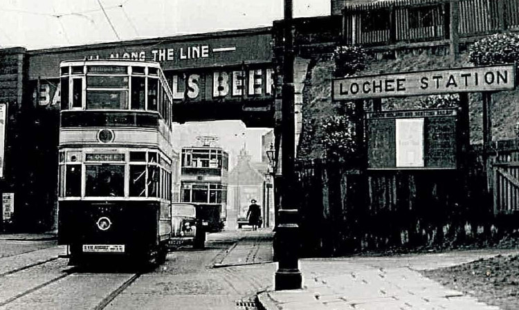 A tram at Lochee in 1953.