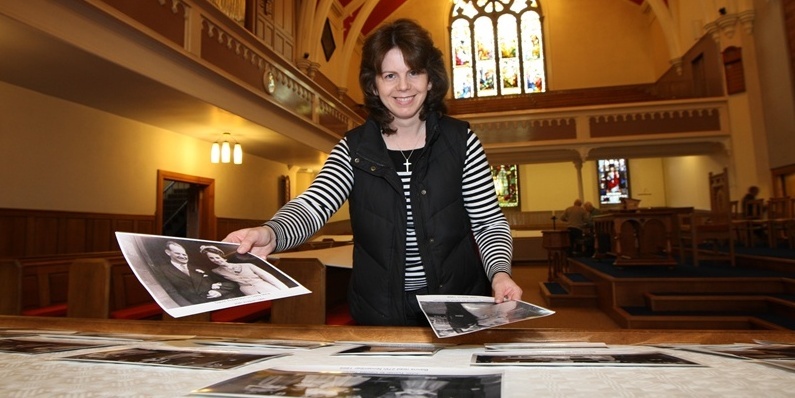 Steve MacDougall, Courier, Alyth Parish Church, Alyth. Setting up of Auld Alyth Wedding Photo Exhibition. Pictured, Irene Robertson (Coordinator with the Alyth Family History Project) sorting out some of the pictures. Irene is actually holding a picture of her parents wedding in her right hand.