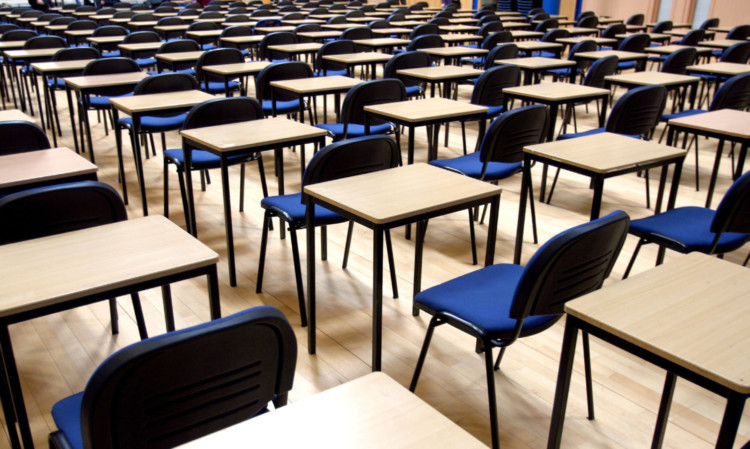 Kris Miller, Courier, 22/04/13. Picture today shows desks lined up for exams, GCSE's, Highers, O'levels in Morgan today. For files.