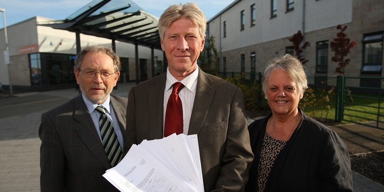 Kris Miller, Courier, 26/09/11. Picture today at St Andrews Community Hospital, Largo Road, Friends  of Netherlea are handing over a 1200 signature petition to the community health partnership in St Andrews. L/R, Cllr Tim Brett, John Naysmith (Chair of Friends of Netherlea) and Cllr Maggie Taylor.