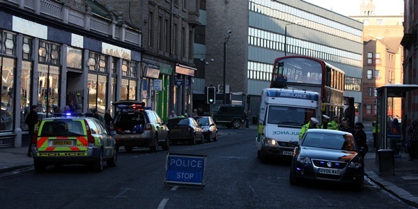 Steve MacDougall, Courier, Seagate, Dundee. Scene of an accident, whereby a woman was struck by a bus.