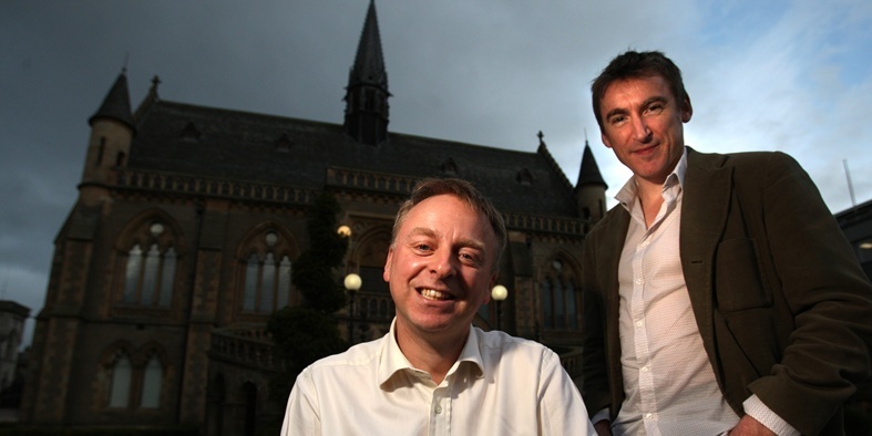 Kris Miller, Courier, 04/10/11. Picture today at McManus Galleries, Dundee shows Philip Long (Director of V&A Dundee) and James Brining (Artistic Director of Rep). The two were hosting a'chat' at the Dundee Arts Cafe at McManus.