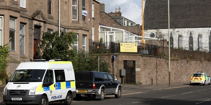 Steve MacDougall, Courier, Guru Nanak Gurdwara, Sikh Temple, Nelson Street/Victoria Road, Dundee. Explosion at the temple early on Sunday morning. Pictured, police at the scene of the incident.