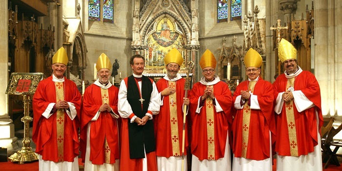 Kris Miller, Courier, 08/10/11. Picture today at St Paul's Cathedral, Dundee shows the the newly installed Rt Rev Dr Nigel Payton (centre), L/R, Rt Rev Dr Robert Gillies, Most Rev David Chillingworth, Rt Rev George Cassidy, Rt Rev Nigel Peyton, Rt Rev Dr Gregor Duncan, Rt Rev Kevin Pearson and Rt Rev Mark Strange.