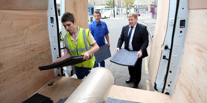 Steve MacDougall, Courier, Clean Close Company, 12-14 Mains Loan, Dundee. They are recycling thousands of carpet tiles from Tayside House. Pictured, left to right is Liam Hall (aged 17, team member), Colin Cuthbert (Carpet Fitter) and Alex Fyffe (Manager). The group are loading some of the tiles onto their van.