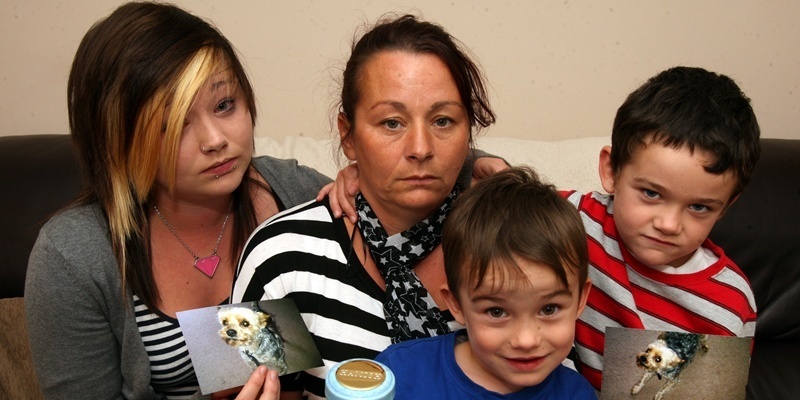 John Stevenson, Courier, 19.10.11. Angus. Forfar. Hit and run dog story. Pic shows distraught  Shand family appealing for information on the car which ran over and killed their pet Yorkie, Hamish. Pic shows mum Nicola with Hamish's ashes and kids l/r Amy(age 17), Liam(age 4) and Kyle(7).