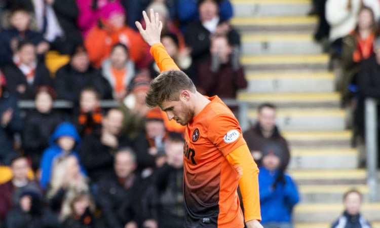 David Goodwillie waves to the fans as he is substituted shortly after Calum Butcher's red card on Sunday. His Tannadice loan deal runs until January 13, but McNamara says United are unlikely to be able to extend it.