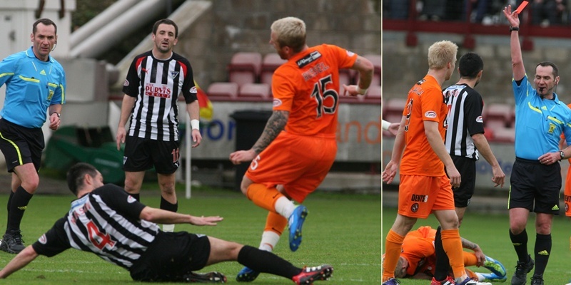 29/10/11 Sunday Post, Chris Austin  gary mason see's red card for tackle on russell  during the SPL match at East End Park