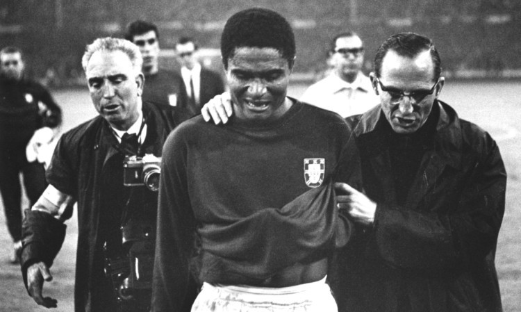 Eusebio was top scorer at the 1966 World Cup, has died at the age of 71 after reportedly suffering cardiac failure -  26 JUL 1966:  EUSEBIO OF PORTUGAL LEAVES THE PITCH IN TEARS AFTER ENGLAND BEAT HIS TEAM 2-1 IN THE WORLD CUP SEMI-FINALS AT WEMBLEY STADIUM. Mandatory Credit: Allsport Hulton/Archive