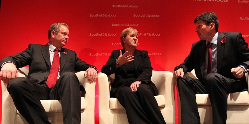 Left to right. Scottish Labour leadership candidates Tom Harris, Johann Lamont and Ken Macintosh chat prior to the first leadership husting at the Royal Concert Hall in Glasgow at the Scottish Labour Party Review conference.