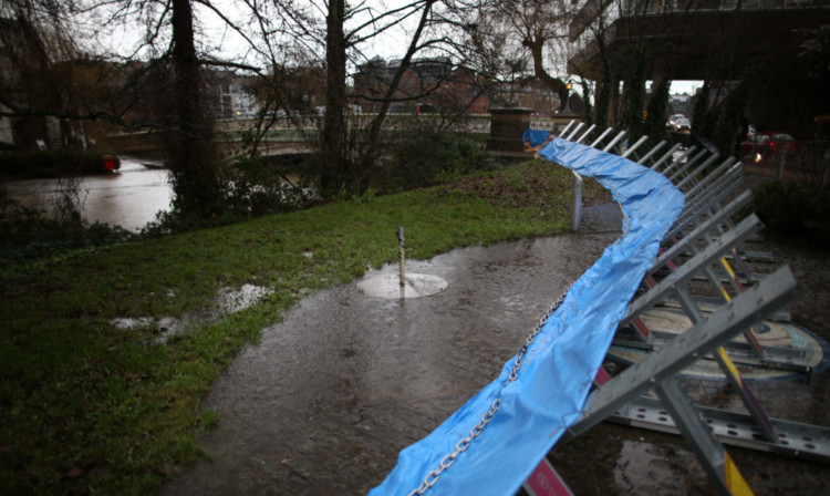 Enviroment Agency flood defences have been put in place next to the river Wey in Guildford.