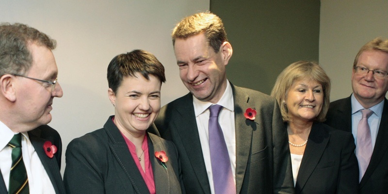 Ruth Davidson (2nd left) celebrates her win as Murdo Fraser (centre) looks on in the Scottish Conservative leadership campaign in central Edinburgh.