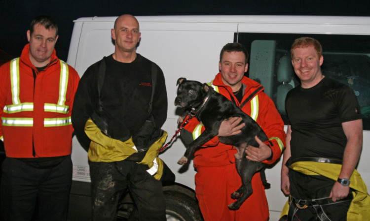 Diago with his rescuers Ian Robertson, Stuart Morrison, Chris Phillips and Alistair Hare from Dundee, who were joined by colleagues from Kirriemuir and Forfar.