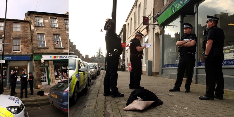 John Stevenson, Courier, 16/11/11. Fife. Cupar, Pic shows police at the scene of the(fatal) incident in the Crossgates where a man fell from a second floor flat window.