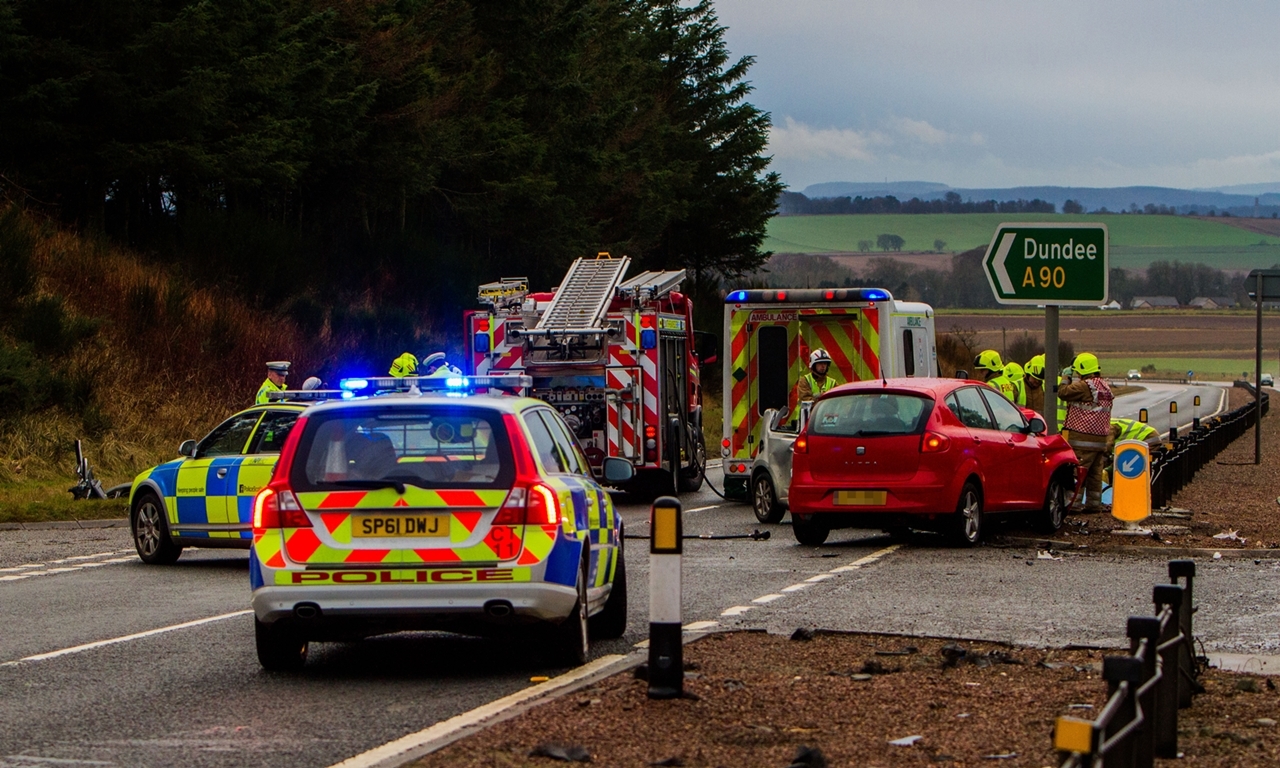 Steve MacDougall, Courier, A90 at Petterden Junction, near Dundee. Road traffic accident / collision. Pictured, emergency services on the scene.