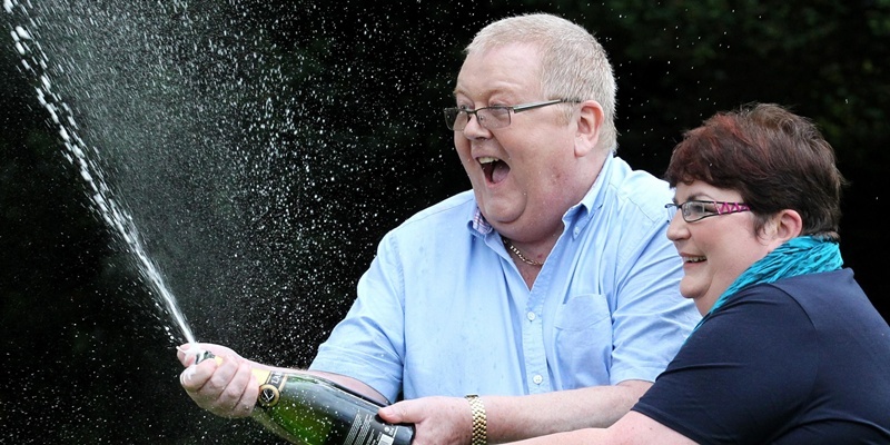 Colin and Chris Weir, from Largs in Ayrshire, celebrate during a photo call at the Macdonald Inchyra Hotel & Spa in Falkirk, after they scooped £161 million in Tuesday's EuroMillions draw.