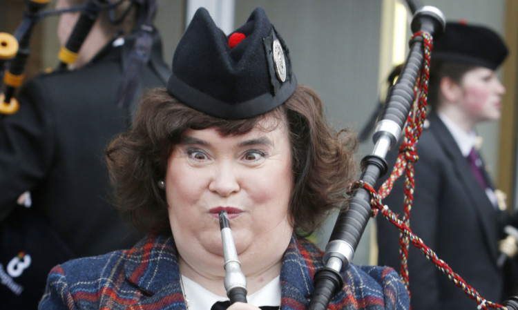 Susan Boyle is unveiled as chieftain of the pipe band event at the Bathgate Partnership Centre in Scotland.
