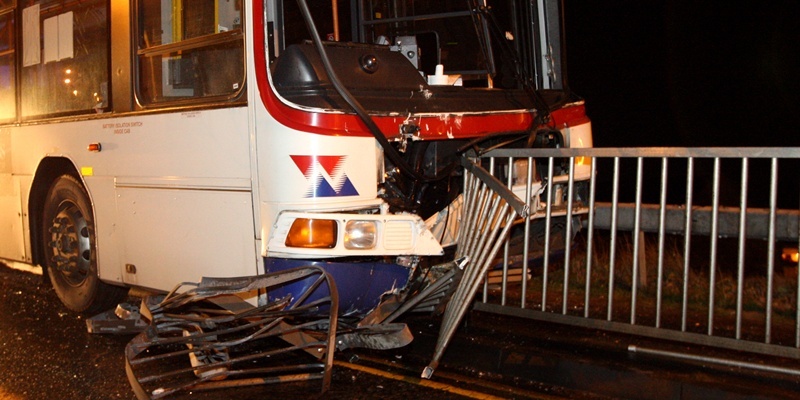 Kris Miller,Courier, 05/12/11. Picture today at Princes St Dundee shows the runaway bus that mounted the pavement and crashed through a railing. The bus was reportedly stopped when a member of the public steered it into a railing.