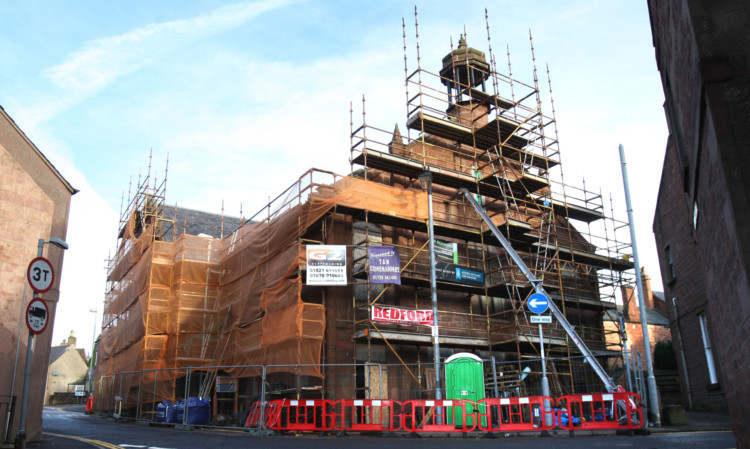 Glengate Hall is surrounded by scaffolding as work takes place on the exterior and interior of the building as part of the Kirriemuir CARS (Conservation Area Regeneration Scheme).