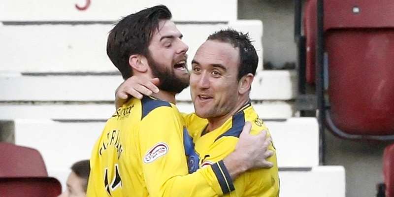 St Johnstone's Cillian Sheridan (left) celebrates his goal with team mate Murray Davidson (right) during the Scottish Cup Fifth Round match at Tynecastle Stadium, Edinburgh.