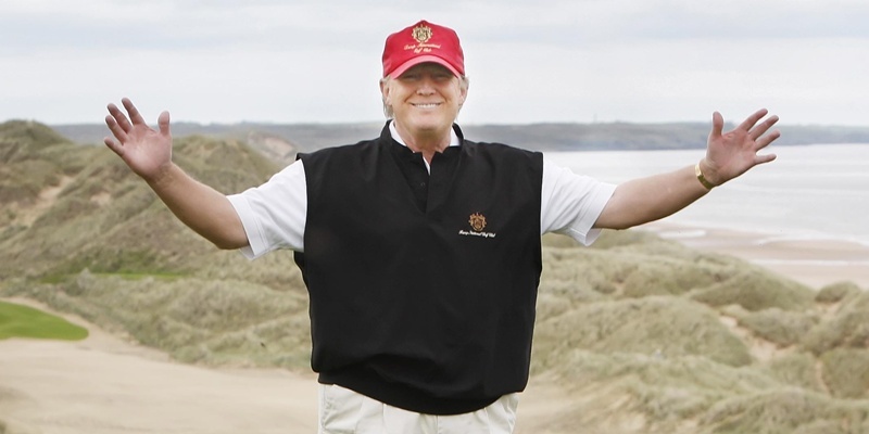 Donald Trump views developments to his luxury golf resort during a visit to the Menie estate in Aberdeenshire.