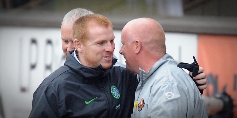 Celtic manager Neil Lennon and Dundee United manager Peter Houston during the Clydesdale Bank Scottish Premier League match at Tannadice Park, Dundee.