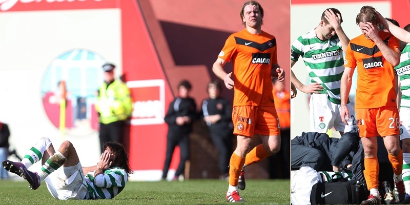Celtic's Georgios Samaras is involved with Dundee United's Robbie Neilson which leads to Neilson being sent off during the William Hill Scottish Cup match at Tannadice Park, Dundee.