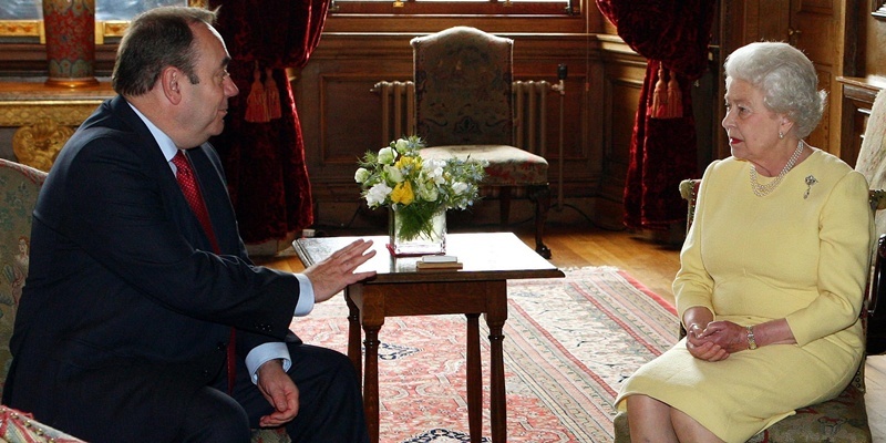 Queen Elizabeth II holds an audience with Scotland's first minister Alex Salmond at Holyrood Palace in Edinburgh.