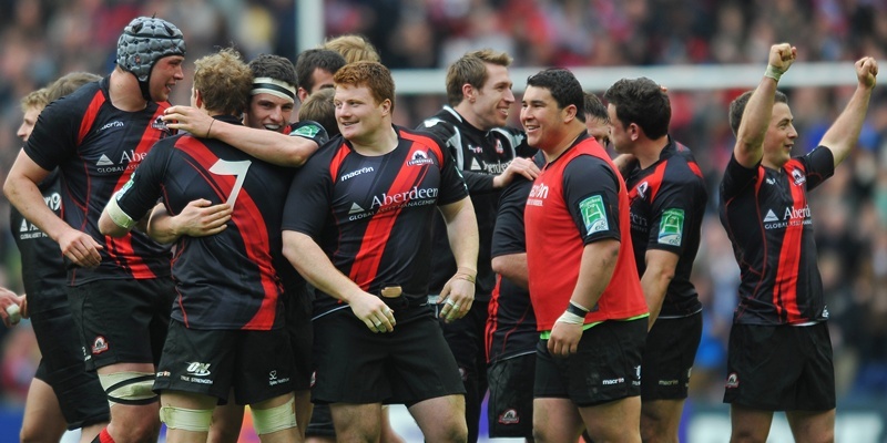 Edinburgh players celebrate during the Heineken Cup Quarter Final match at Murrayfield, Edinburgh.