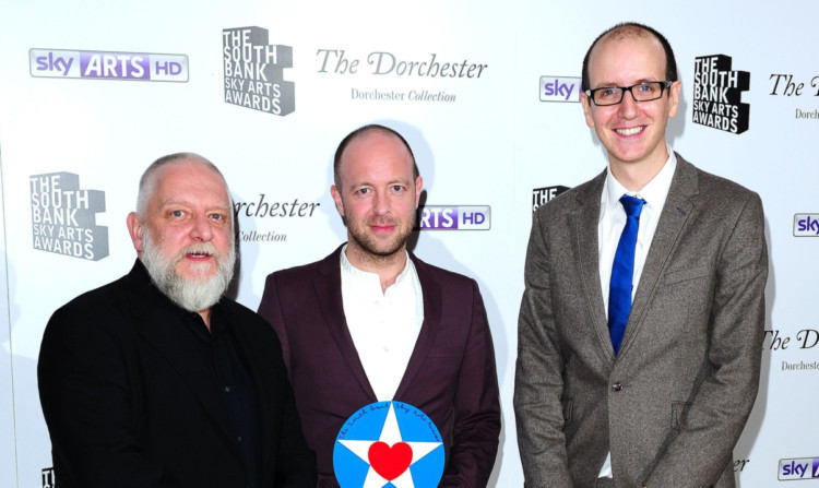 Actor Russell Beale (left) presents the award to John Tiffany and Jack Thorne.