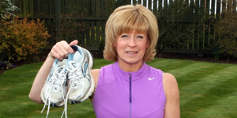 John Stevenson. Courier. 15/04/12. Angus, Forfar. Pic shows Sandra Pattie with running shoes at the ready for the next weekends London Marathon in which she will be taking part.
