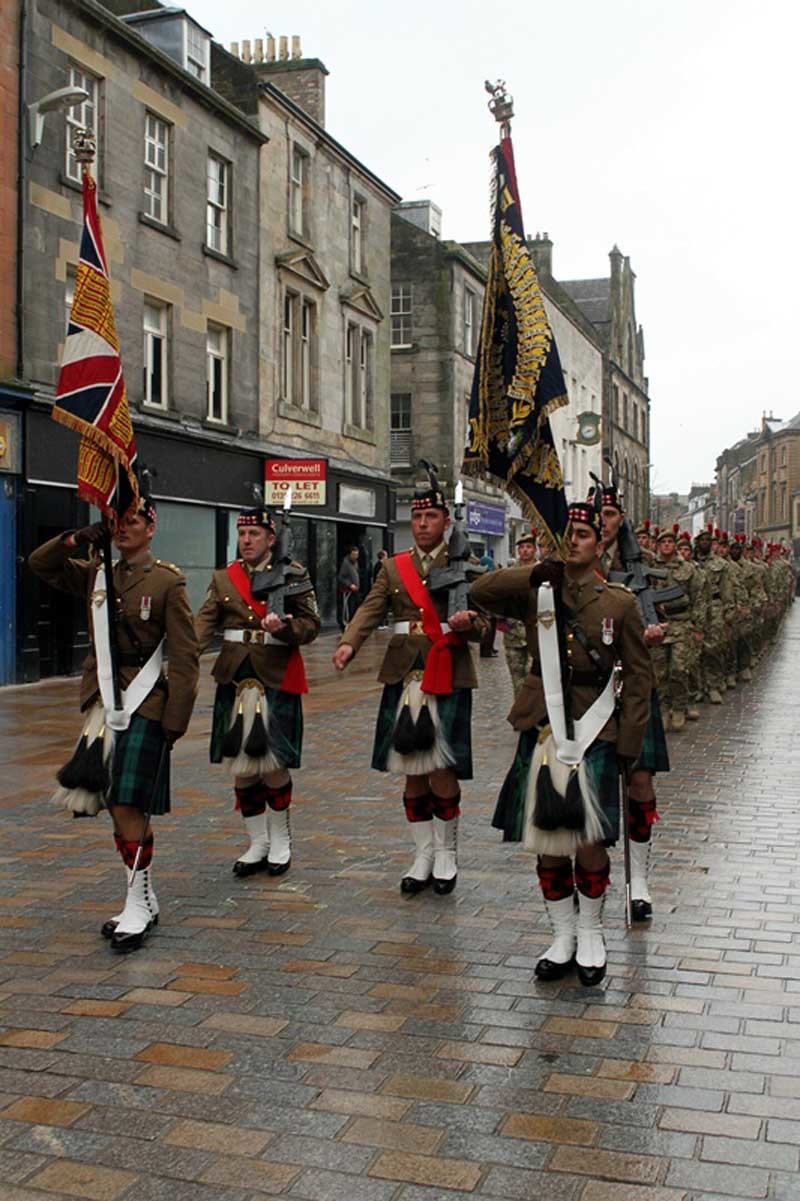 John Stevenson. Courier. 19/04/12. Fife Kirkcaldy. Homecoming parade by The Black Watch throught the streets of Kirkcaldy. Pic shows the troops as they march down the High Street.