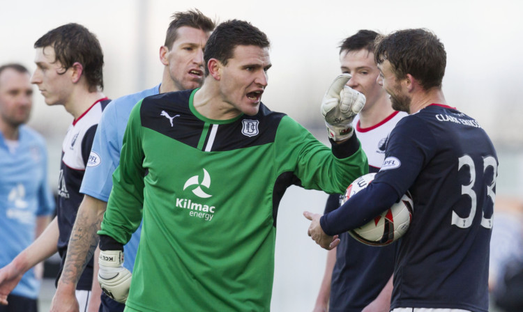Dundee keeper Kyle Letheren has words with Falkirk striker Rory Loy after his red card.