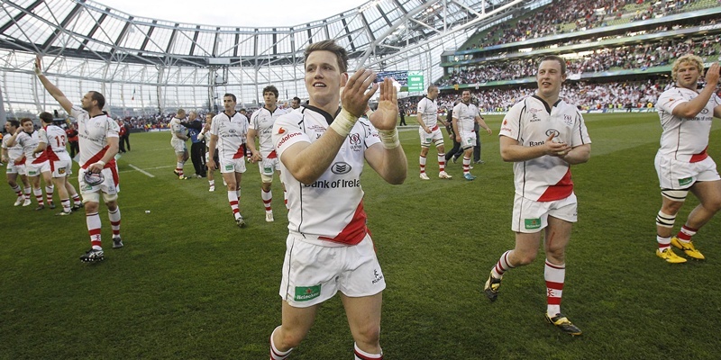 Ulster team celebrate at the final whistle during the Heineken Cup, Semi Final at the Aviva Stadium, Dublin.