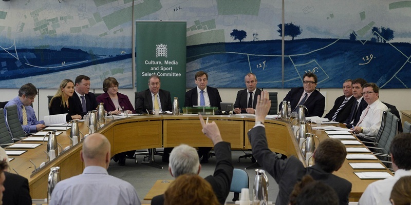 MP's (from left to right) Philip Davies (Con) (Shipley), Mrs Louise Mensch (Con) (Corby), Damian Collins (Con) (Folkestone and Hythe), Dr Therese Coffey (Con) (Suffolk Coastal), Mr Adrian Sanders (Lib Dem) (Torbay), Mr John Whittingdale (Chair) (Con) (Maldon), Paul Farrelly (Lab) (Newcastle-under-Lyme), Mr Tom Watson (Lab) (West Bromwich East), Jim Sheridan (Lab) (Paisley and Renfrewshire North), Mr Gerry Sutcliffe (Lab) (Bradford South) and Steve Rotherham (Lab) (Liverpool, Walton), at a press conference at Portcullis House, London, to release the House of Commons, Culture, Media and Sport Committee report into News International and Phone Hacking.