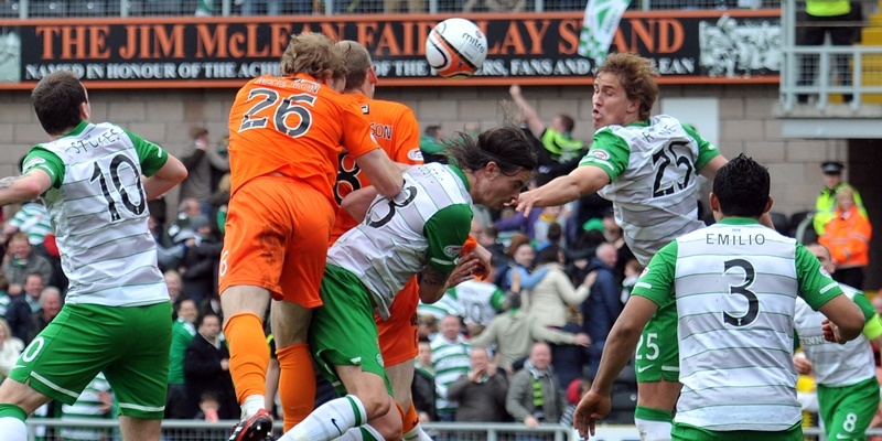 Kim Cessford - 06.05.12 - Clydesdale Bank Premier League match between Dundee United and Celtic at Tannadice - Scott Robertson (United) reaches the ball first to head it home for the games only goal