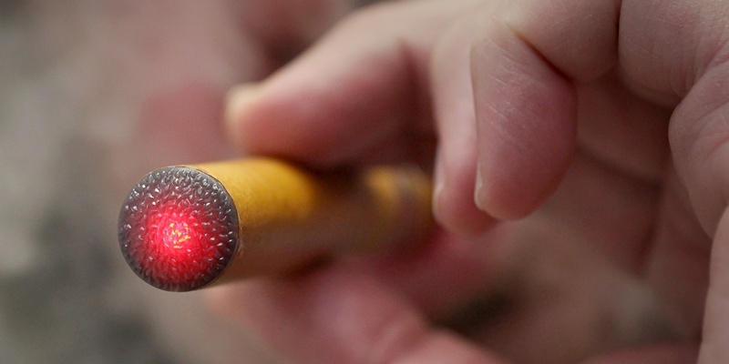 A customs officer displays an E-cigarette during the annual press conference by the customs in Frankfurt Main, Germany, 28 March 2012. Customs at Frankfurt Airport is presenting its yearly results for 2011. Photo: Fredrik von Erichsen