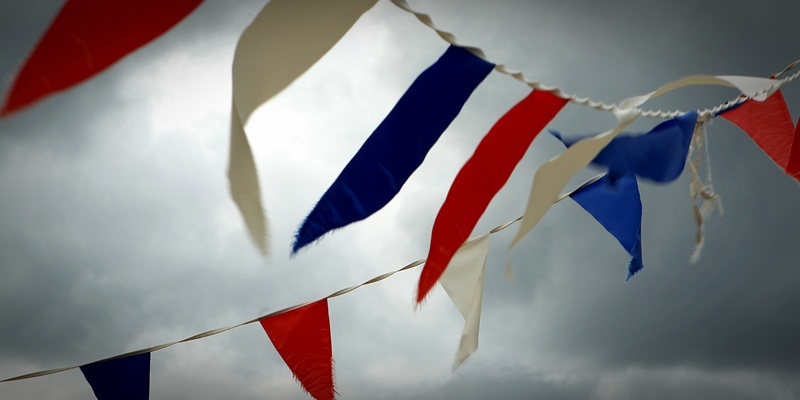 Red, white and blue bunting in the seaside town of Cromer on the North Norfolk Coast.