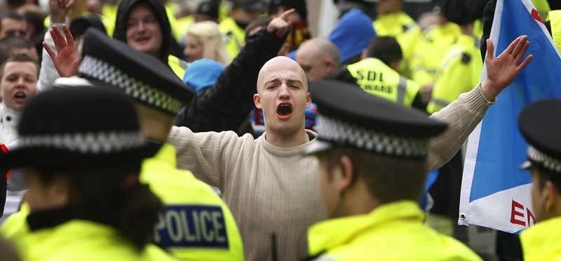 Protesters take part in a Scottish Defence League demonstration in St Enoch Square, Glasgow, Scotland.