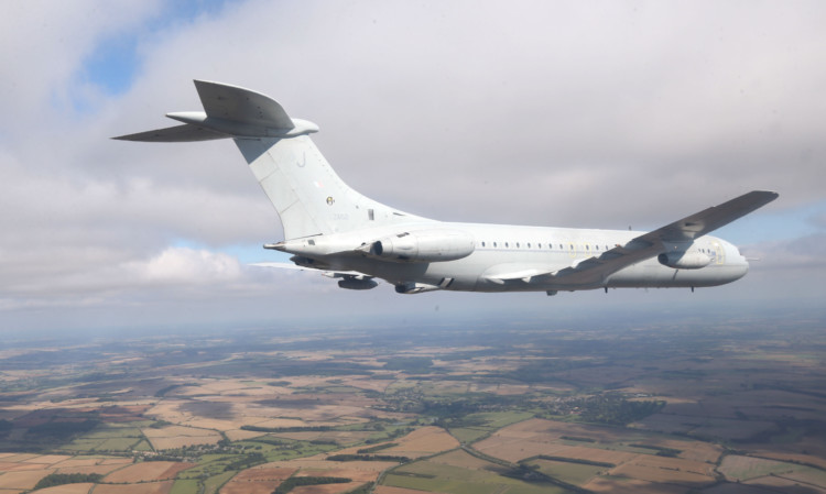 The last remain two VC10s which are based at RAF Brize Norton in Oxfordshire, fly in formation as they complete their last operational flight before being retired next week.