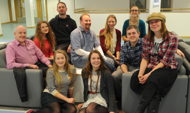 Representatives of organisations which held workshops at the event  Sex Worker Open University, Scottish Transgender Alliance, White Ribbon Scotland and Sexpression:UK  with, front right, guest speaker Lucy-Anne Holmes, who leads the No More Page Three campaign.