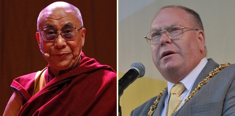 The Dalai Lama on stage at The Manchester Evening News Arena.