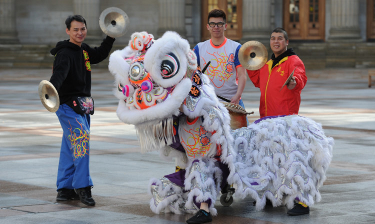 Left: back  Joe To, Marco Yue and Johnny Chau; front  the lion, aka Sky Chan (head) and Jack Chan.